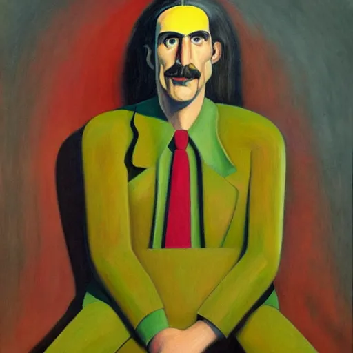 Prompt: robotic frank zappa portrait, long hair, grant wood, pj crook, edward hopper, oil on canvas