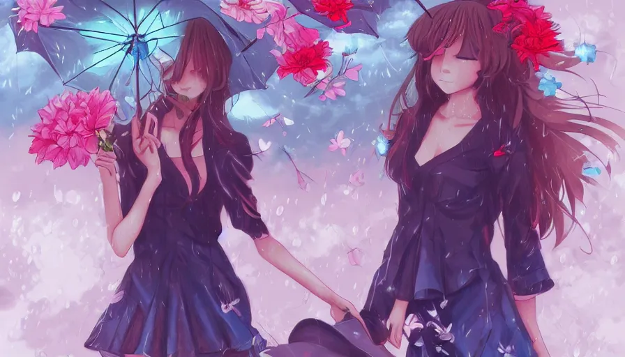 Prompt: anime girl, flowers, rain, lightning, storm, digital painting, illustration by james jean and artgerm and mina petrovic and timothy kong and marina federovna, artstation