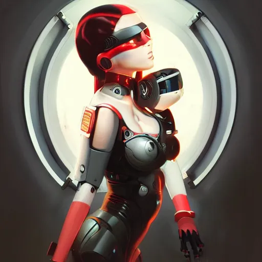 Image similar to A cyborg girl with big and cute red eyes, fine-face, realistic shaded perfect face, fine details. red and black robotic parts. Realistic shaded lighting poster by Ilya Kuvshinov katsuhiro, magali villeneuve, artgerm, Jeremy Lipkin and Michael Garmash, Rob Rey and Kentarõ Miura style, trending on art station