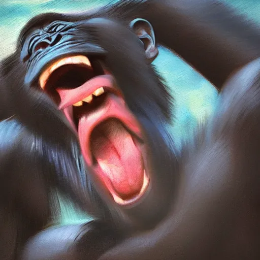 Image similar to Strong Angry Chimpanzee Screaming, Boris Vallejo, Epic, 8k resolution, ArtStation, Hyperrealistic