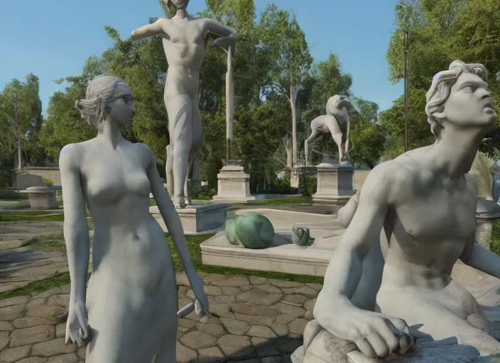 Image similar to a park with many marble statues, unreal engine,