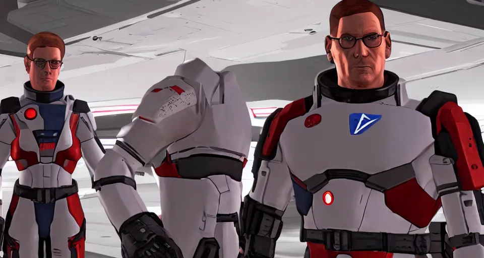Prompt: ps 5. cargo bay. hank hill as commander shepard discussing the possibilities of propane tank based spaceship propulsion within the ssv normandy in mass effect 2. mid - conversation portrait. dim bg. cutscene. hd.