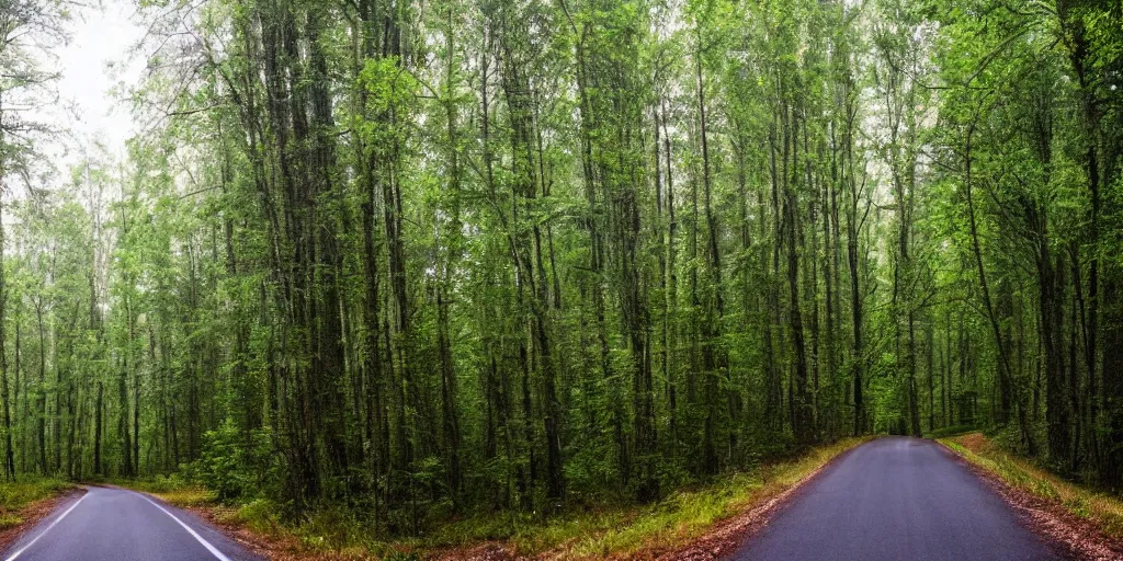 Prompt: road between tall trees, dense forest, dark night, no light