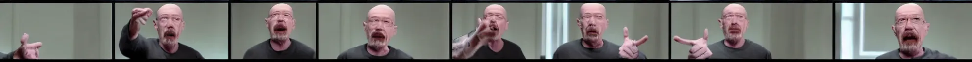 Image similar to 8 consistent frames from a video showing walter white talking and pointing at a baby