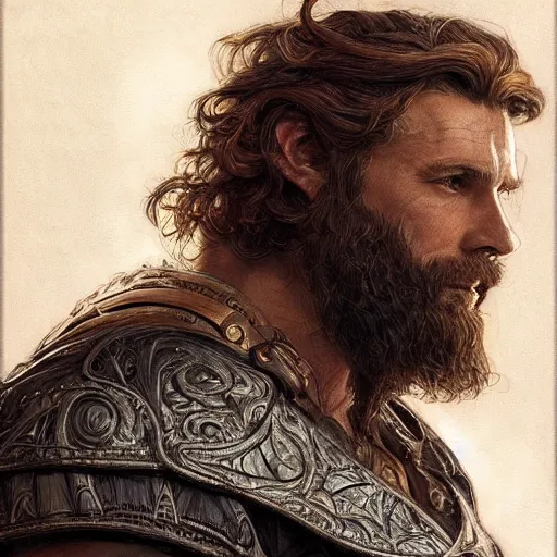 Image similar to portrait of a ruggedly handsome paladin, soft hair, muscular, half body, leather, hairy, d & d, fantasy, intricate, elegant, highly detailed, digital painting, artstation, concept art, smooth, sharp focus, illustration, art by artgerm and greg rutkowski and alphonse mucha