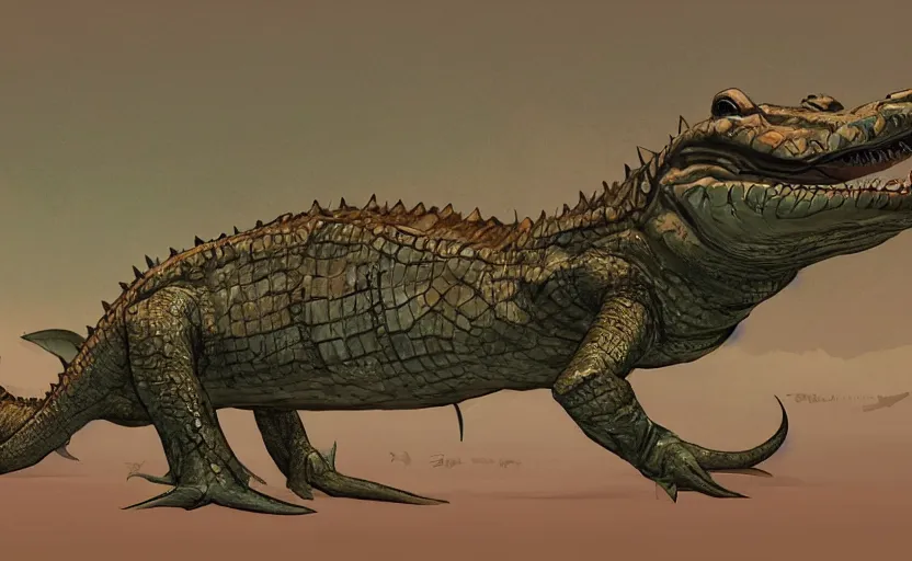 Prompt: long sea monster with crocodile face, fins, lizard legs, character design, concept art, artstation