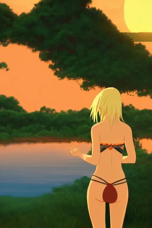 Image similar to beautiful blond woman in orange tribal bikini, blond hair pulled back, by makoto shinkai, 8 k, high resolution render, cinematic, sunset, lake, prehistoric jungle, unreal engine, clean lineart and flat color,