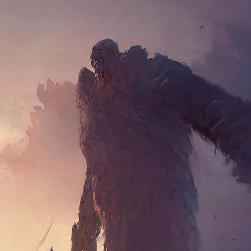 Prompt: giant looming over a human, art by greg rutkowski