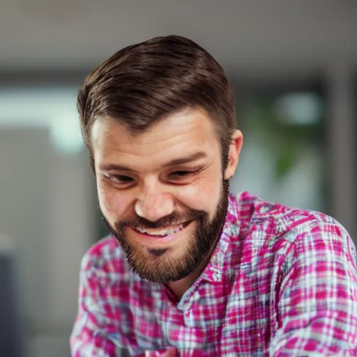 Image similar to a programmer finally fixed a bug in his code after trying for a long time, looking relieved and happy