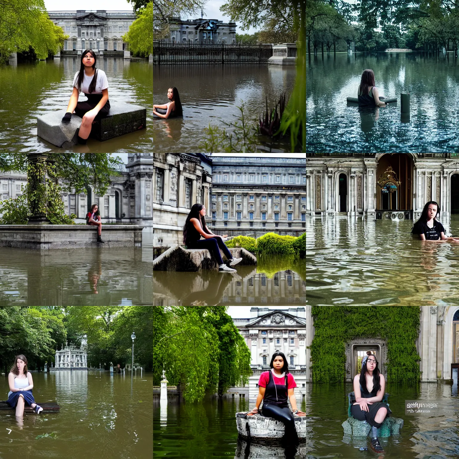 Prompt: an young urban explorer woman, alone, in an empty dark flooded buckingham palace, sitting on the submerged throne, overgrown with aquatic plants