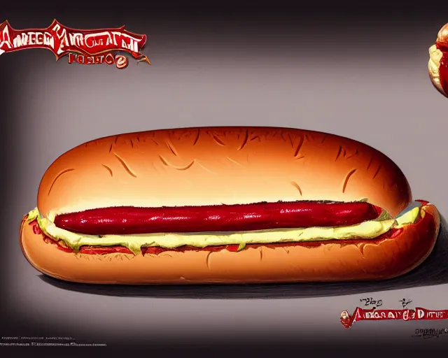 Image similar to american hotdog product photography close up advert, deep focus, d & d, fantasy, intricate, elegant, highly detailed, digital painting, artstation, concept art, matte, sharp focus, illustration, hearthstone,