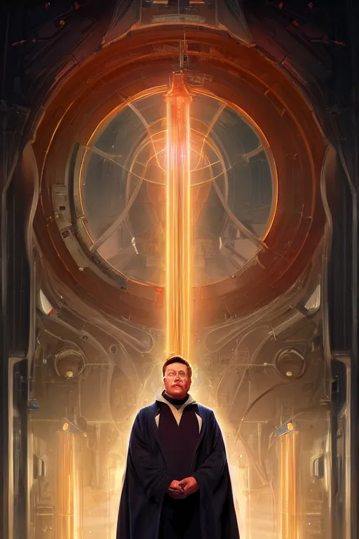 Image similar to elon musk as wizard of science and technology, wizards robes, realistic portrait, symmetrical, highly detailed, digital painting, artstation, concept art, smooth, sharp focus, illustration, cinematic lighting, art by artgerm and greg rutkowski and alphonse mucha