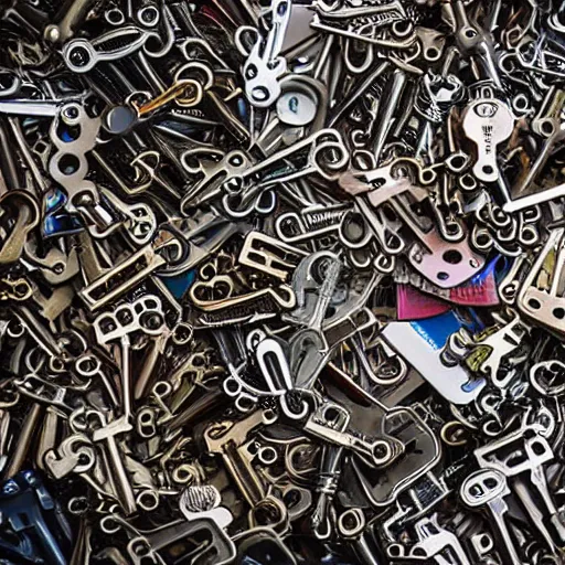 Prompt: heap of many keys of different sizes and styles, unsorted product photo
