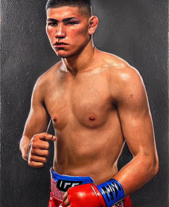 Image similar to heroic portrait of a handsome young mexican ufc fighter, art by denys tsiperko and bogdan rezunenko, hyperrealism