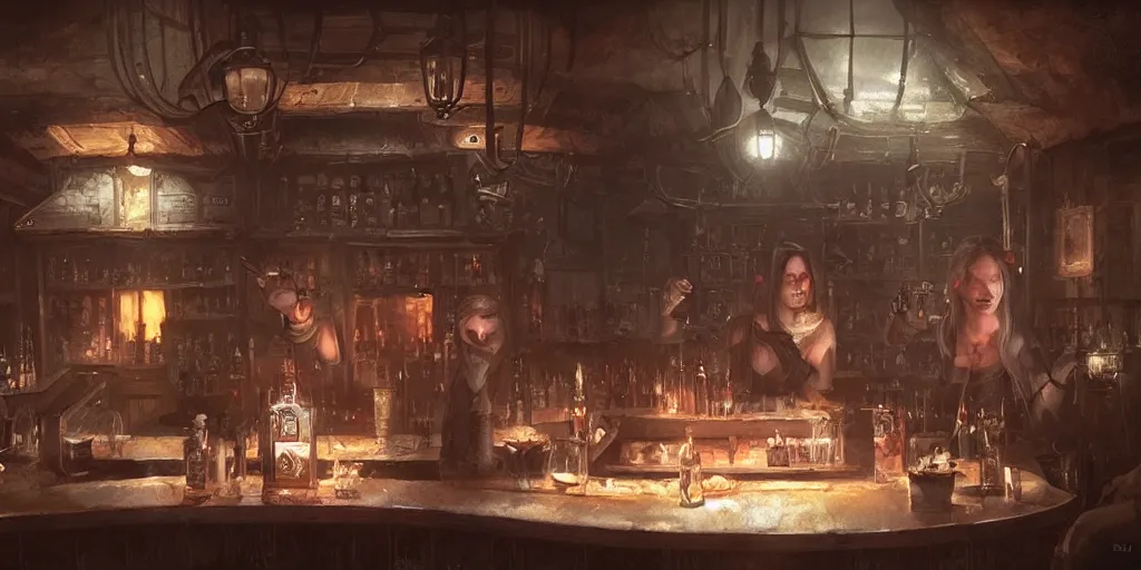 Image similar to dark drinking establishment by bastien lecouffe - deharme and charles bowater, greg rutkowski, bar, pub, adventure game, inspired by diablo concept art