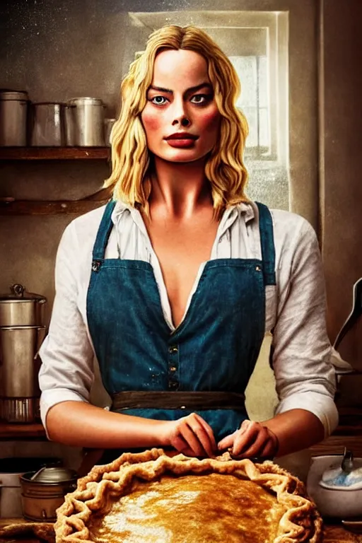 Prompt: romanticism painting of ( ( margot robbie ) ) in a rustic style kitchen, baking apple pie, symmetrical face, beautiful eyes, cottagecore, artstation, 8 k, highly detailed