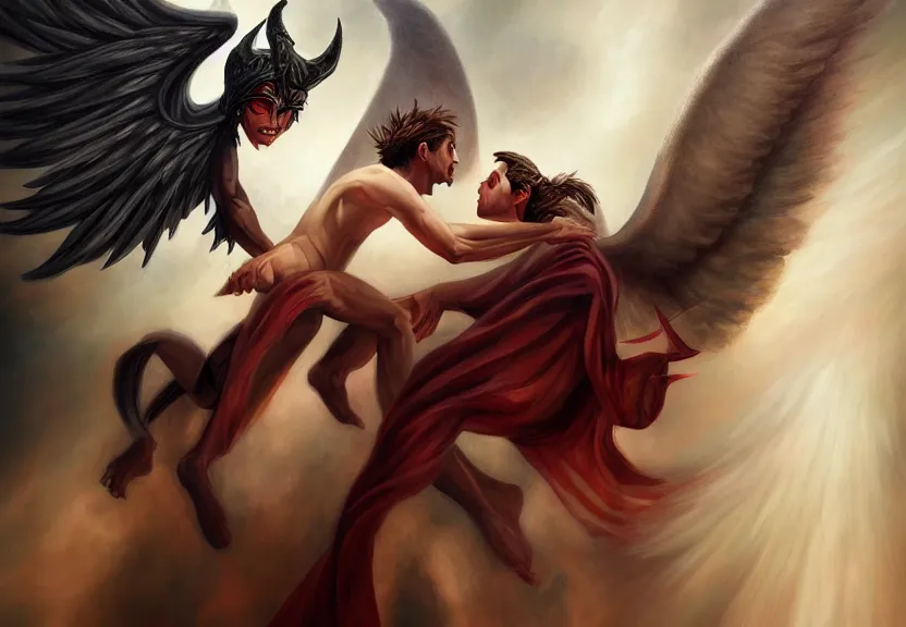 Prompt: a demon and an angel deom is afraid of the angel painting, good vs evil, highly detailed, digital painting, smooth, beautiful angle, weak demon, sharp focus, illstration, ultra realistic, dmon vs angle, heaven vs hell, 8 k, strong and powerful confident angle