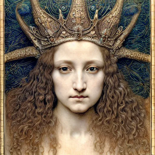 Image similar to detailed realistic beautiful young medieval queen face portrait by jean delville, gustave dore, iris van herpen and marco mazzoni, art forms of nature by ernst haeckel, art nouveau, symbolist, visionary, gothic, pre - raphaelite