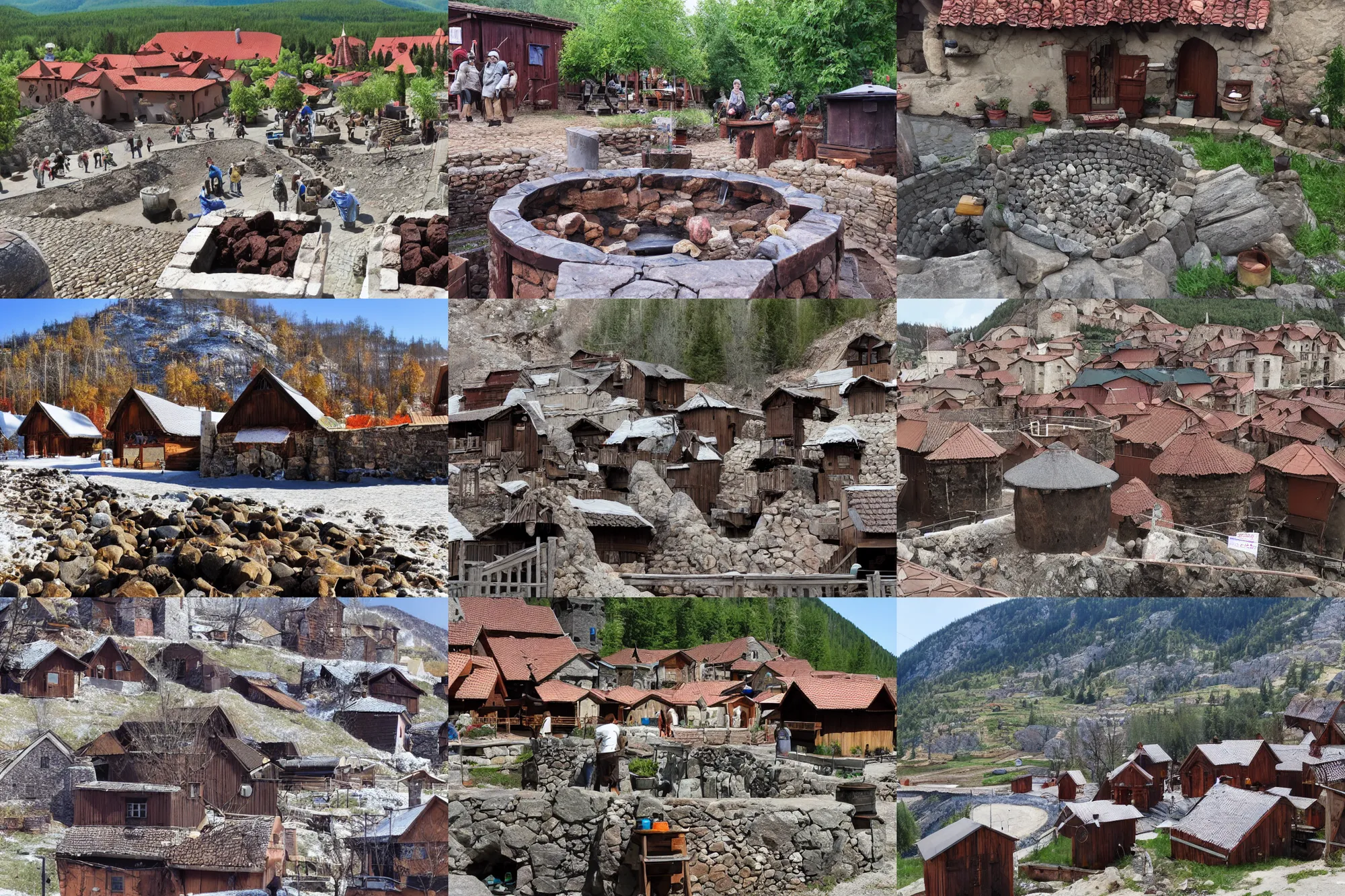 Prompt: russian stone village well filled with liquid chocolate