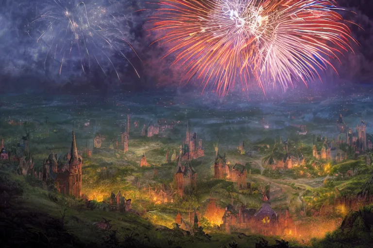 Prompt: wide angle view, a beautiful digital painting of a vast valley of fairy homes and castles with firework festival in the sky, twilight, fireworks, river, reflections, by greg rutkowski, gerald brom, marc simonetti, jean - baptiste monge, and brian froud, symmetry, complementary colors, ink illustration, sharp focus, octane render