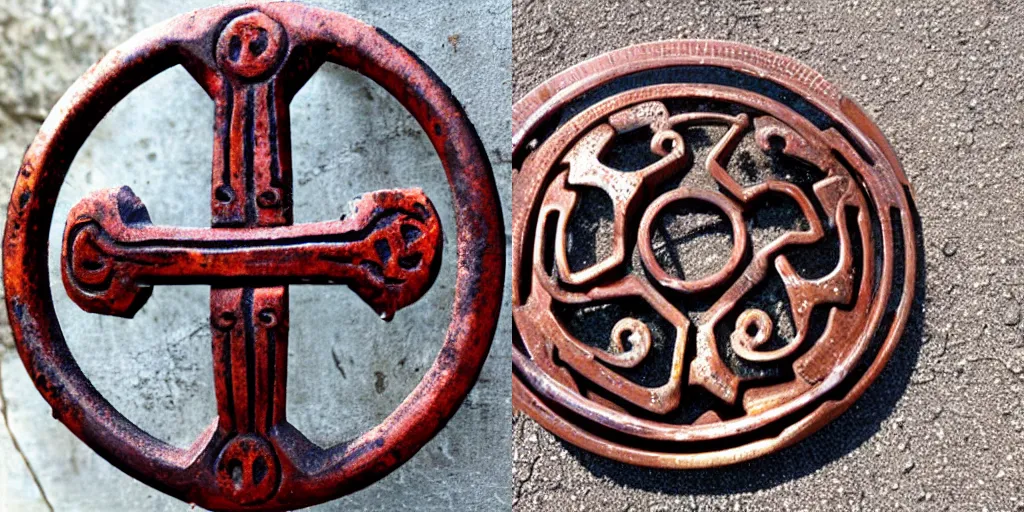 Prompt: Uroboros symbol carved in a piece of rusted metal scrap