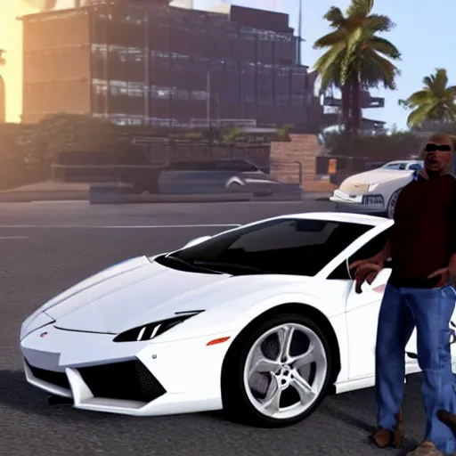 Image similar to Franklin Clinton from GTA V driving a white Lamborghini Sian with Lamar Davis, photorealistic