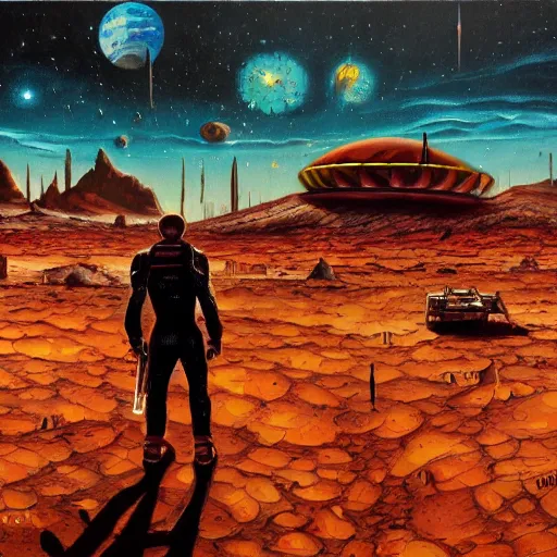 Prompt: android walking on mars, alien village in background, mike mignogna, highly detailed, oil painting, comic book cover, dark, rich colors, vintage sci fi, 1 9 8 0 s, 1 9 7 0 s, retrofuture, trending on artstation