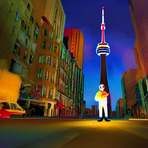 Prompt: Toronto urban stabbings tour guide, dramatic cinematic still of a Canadian being stabbed in colorful illustration by Pixar