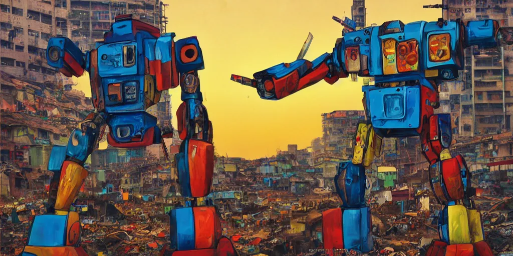 Prompt: colourful - damaged - giant mecha ROBOT of AJEGUNLE SLUMS in Lagos, markings on robot, Golden Hour, in the style Alex ross,