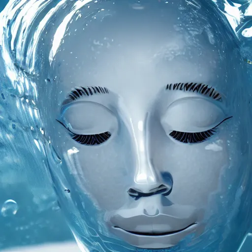 Image similar to water forming a shape of a human head, giant sculpture on the ocean water, water manipulation art, ray tracing, realistic water sharp focus, long shot, 8 k resolution, cinematic