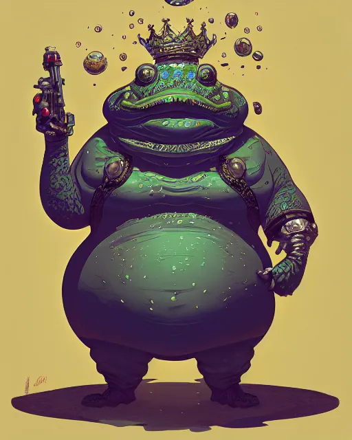 Prompt: a fat slimy anthropomorphic toad king wearing ornate cyberpunk armor, smooth, intricate, elegant, digital painting, artstation, steam, grungy steel, concept art, sharp focus, octane render, illustration, art by josan gonzalez,