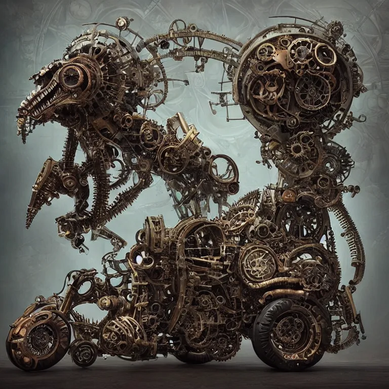 Prompt: biomechanical steampunk vehicle reminiscent of fast sportscar with robotic parts and (glowing) lights parked in ancient lush palace, gothic and baroque, brutalist architecture, ultradetailed, creepy ambiance, fog, artgerm, giger, Intricate by Ellen Jewett and Josan Gonzalez and Giuseppe Arcimboldo