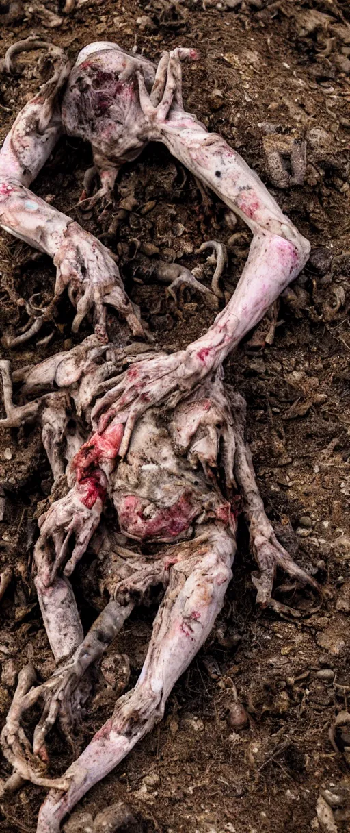 Prompt: an 8 k hdr photo of a dirty scraggy witch who has broken limbs and is bent up and curled hunched over on the ground in a sick beast dirt hole lookin up shy at us hunched over a steaming pile of cockroaches and bones and scabs and blood and sausages and meat from a variety of animals