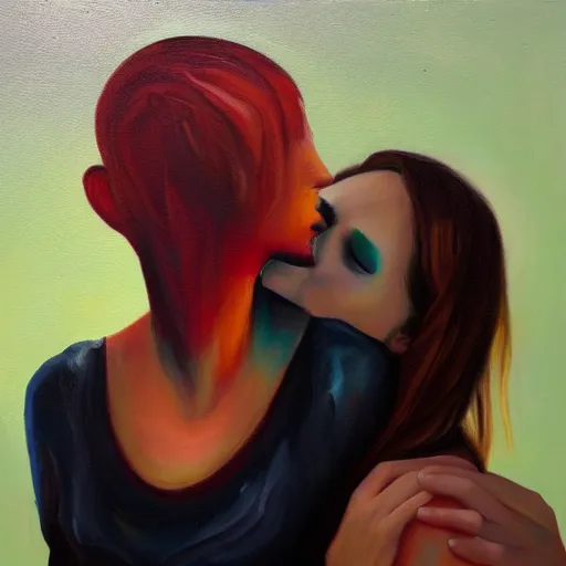 Image similar to stunning oil painting portrait of a young woman hugging an abstract human figure in the style of Meredith Marsone, spring colors