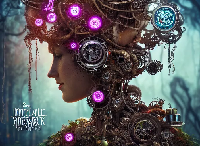 Image similar to intricate mechanical fairy with visible gears having tea with a cyborg gorgon medusa in a magical forest. Very detailed 8k. Fantasy cyberpunk horror. Sharp. Cinematic post-processing