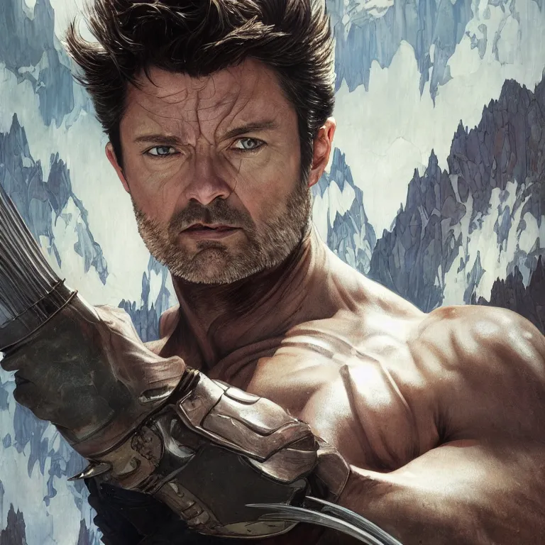 Image similar to Karl Urban as Wolverine, highly detailed, digital painting, artstation, concept art, smooth, sharp focus, illustration, ArtStation, art by artgerm and greg rutkowski and alphonse mucha and J. C. Leyendecker and Edmund Blair Leighton and Katsuhiro Otomo and Geof Darrow and Phil hale and Ashley wood and Ilya repin and Charlie Bowater