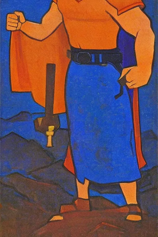 Image similar to thor with hammer, marvel, artwork by nicholas roerich,