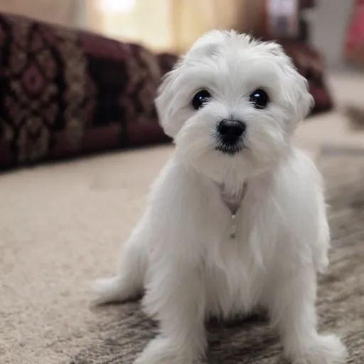 Image similar to photo of white maltese puppy dog staring into camera, photorealistic