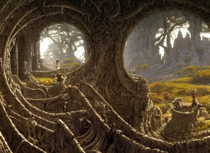 Prompt: jim henson's labyrinth at dawn. the maze of stone corridors is spread out over the hills surrounding the goblin king's castle by edgar maxence and caravaggio and michael whelan and delacroix style, artistic, intricate painting, cinematic lighting, hyper realistic, extremely detailed, establishing shot, 8 k resolution, dramatic lighting