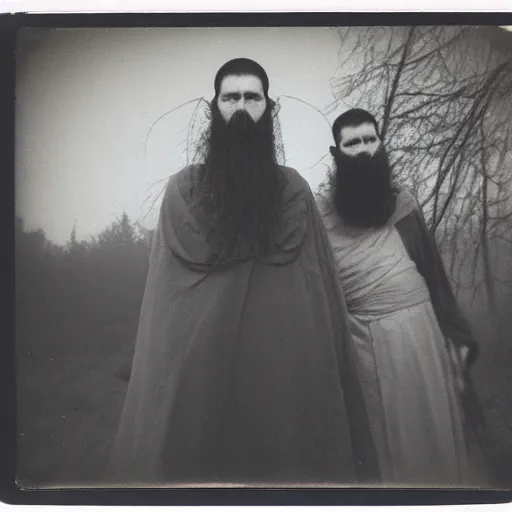 Prompt: trail _ camera _ photo _ of _ a _ breaton monks looking like rasputin with some ghost and spirits _ realistic _ spooky _ grimdark _ night _ black _ and _ white, polaroid