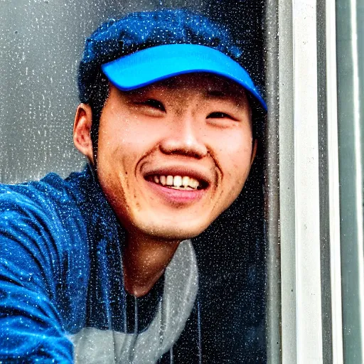 Image similar to a 2 5 years old chinese man, wearing a blue cap, smiling creepy, while looking trought a window, in the rain