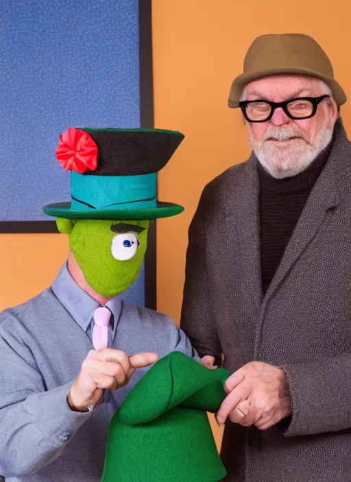 Image similar to portrait photo still of real life mr garrison with mr hat puppet, 8 k, 8 5 mm, f. 1 4