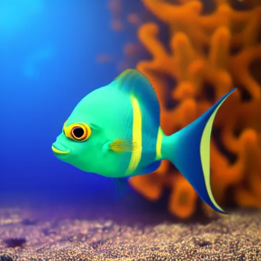 Image similar to 3 d render of a cute tropical fish in an aquarium on a dark blue background, digital art