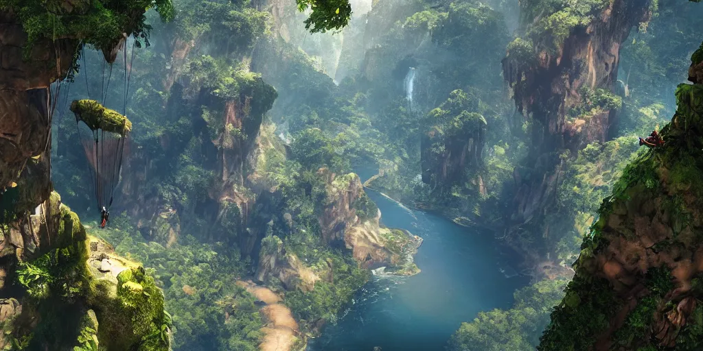 Prompt: wide angle view a deep canyon, one (single solitary) hang glider, mountainous jungle setting, trees, waterfall, river, rocks, dramatic lighting, highly detailed, artstation, unreal engine, matte painting in the style of craig mullins, Uncharted 4, fish eye lens, 8k HDR