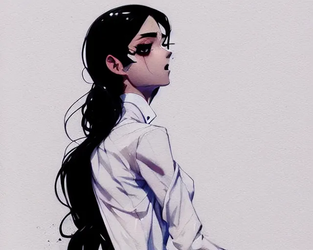 Image similar to a ultradetailed full body portrait of a woman dressed in a white shirt with a tie, by conrad roset, greg rutkowski and makoto shinkai trending on artstation