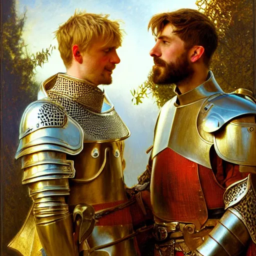 Image similar to attractive arthur pendragon and his attractive male knight, they are in love, natural lighting, path traced, highly detailed, high quality, digital painting, by gaston bussiere, craig mullins, alphonse mucha j. c. leyendecker