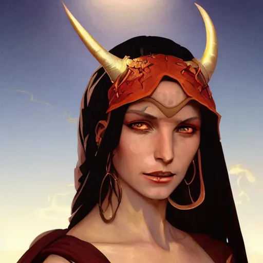 Prompt: portrait of a berber tiefling woman with red skin, devil horns and black hair in a desert, fantasy, highly detailed, digital painting, artstation, concept art, character art, art by greg rutkowski, tyler jacobson, alphonse mucha, ross tran and makoto shinkai