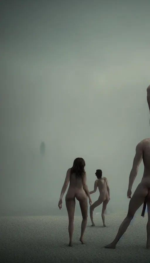 Image similar to a dystopian landscape made of beautiful naturist couples, Octane Render, cinematic