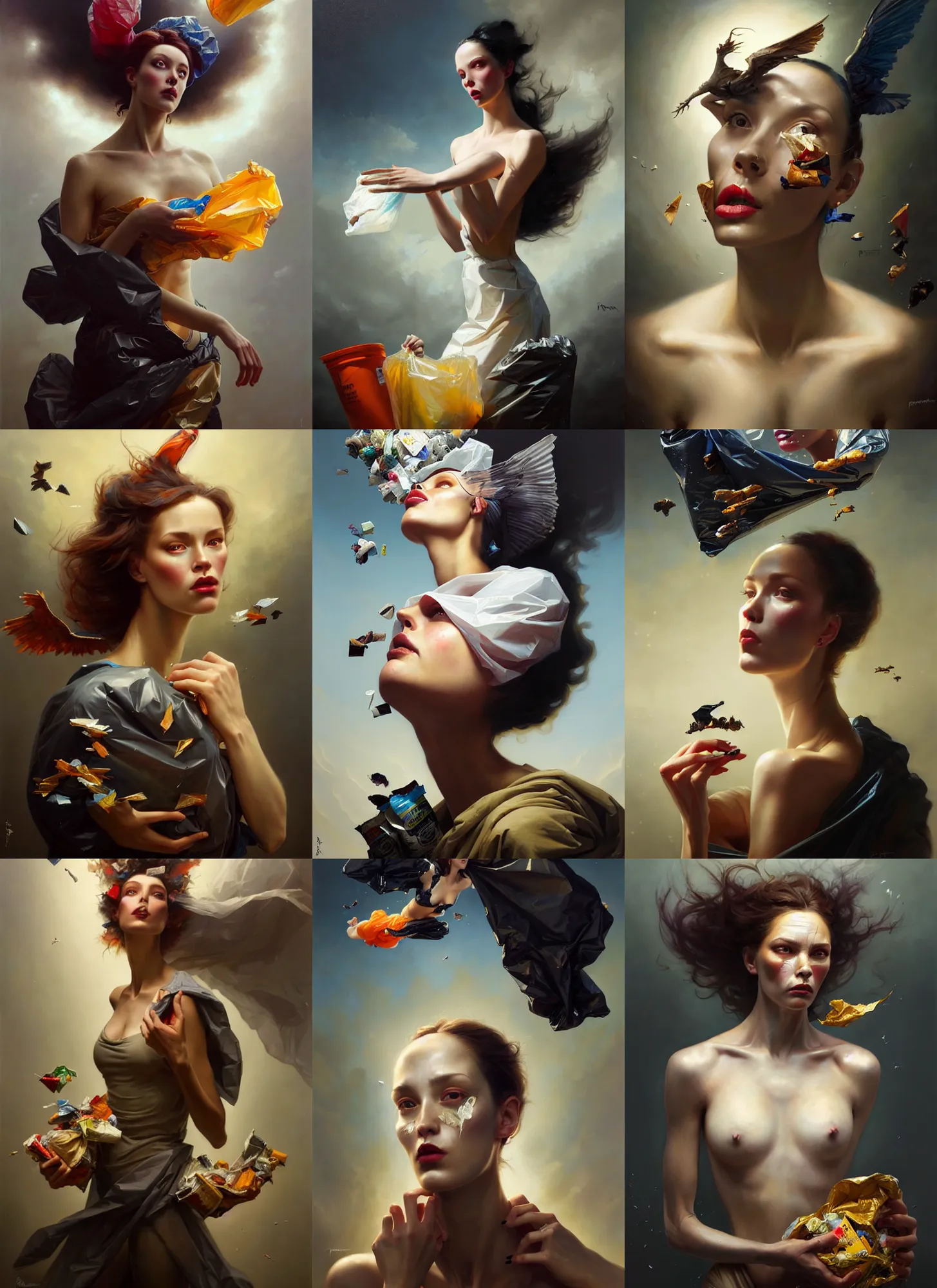 Prompt: fine art portrait oil painting of a beautiful woman with garbage flying into her surprised face, wearing a plastic garbage bag, perspective, ultra detailed, elegant, intricate, dynamic lighting, hyperrealism, sharp focus, art by peter mohrbacher and tom bagshaw and andrei riabovitchev