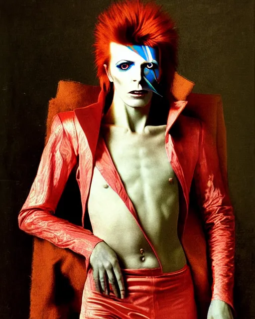 Image similar to david bowie as ziggy stardust by jean auguste dominique ingres, labyrinthine, sacred, mystical